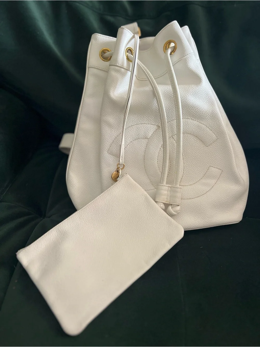 Vintage CHANEL Timeless Drawstring Sling Crossbody Backpack Caviar Medium White